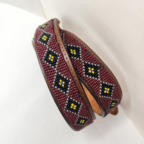 Vintage southwestern belt women's 34 brown beaded leather folk art Made in USA - Picture 1 of 16